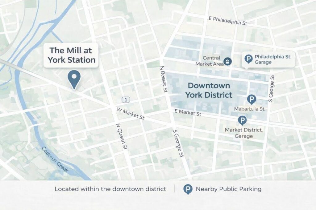 Downtown York map highlighting The Mill at York Station and surrounding parking garages