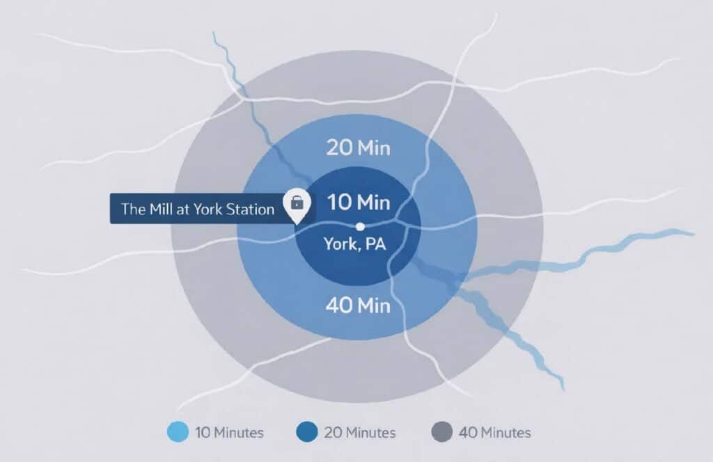 Commute time radius map from The Mill at York Station, showing 10-, 20-, and 40-minute travel zones in blue and gray design