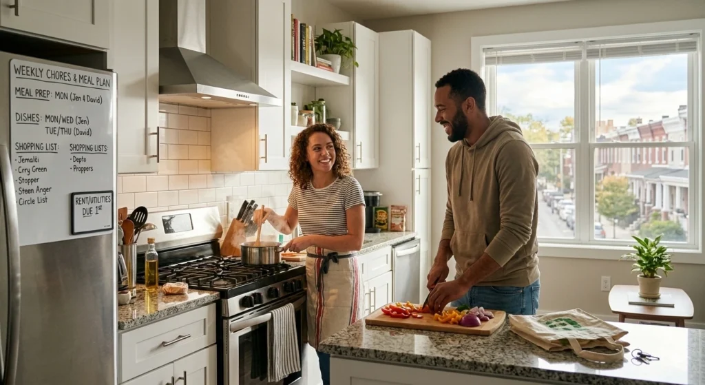 roommates sharing responsibilities in apartment kitchen