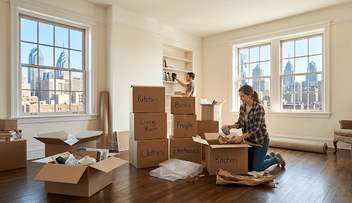 Moving boxes inside an apartment.
