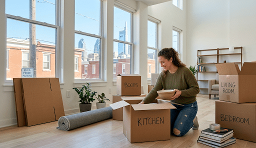 Unpacking boxes in a new apartment.